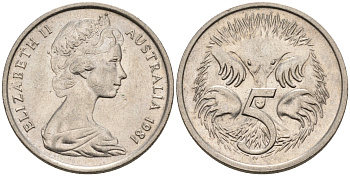 Австралия 5 центов 1981 Елизавета II (1952-2022), ехидна KM 64 медно-никель 4564-1229