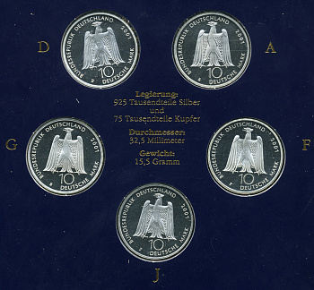 ФРГ набор из 5 штук по 10 марок 2001 A, D, F, G, J,  200 лет со дня рождения Альберта Лорцинга KM 205 серебро PROOF 6-5-2-13