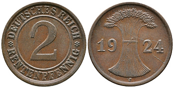 ГЕРМАНИЯ 2 РЕНТЕНПФЕННИГА 1924 J KM 31, J. 307 бронза 24-652
