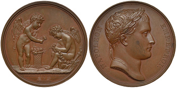 Франция медаль 1807 Наполеон I Бонапарт, на бракосочетание короля Вестфалии с Екатериной Вюртембергской, купидоны, 38,05 гр., диаметр 40,5 мм. Bramsen 662 бронза 00-00