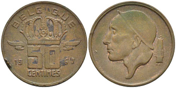 БЕЛЬГИЯ 50 САНТИМОВ 1967 BELGIQUE, БОДУЭН I (1951-1993) KM 148.1 бронза 116-1026