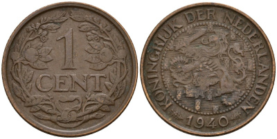 Нидерланды 1 цент 1940 Вильгельмина (1890-1948) KM 152 бронза 4169-1245