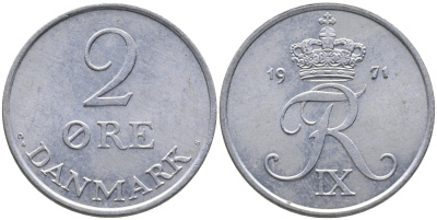Дания 2 эре 1971 C; S, Фредерик IX (1947-1972) KM 840.2 цинк UNC 28-1047