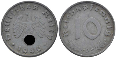ГЕРМАНИЯ 10 РЕЙХСПФЕННИГОВ 1940 D KM 101, J. 371 цинк 4401-831