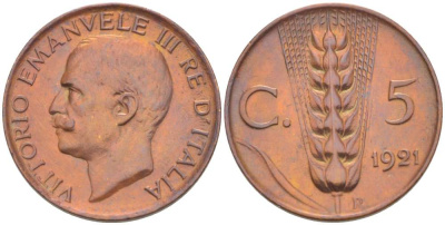 ИТАЛИЯ 5 ЧЕНТЕЗИМО 1921 R, ВИКТОР ИММАНУИЛ III (1900-1946) KM 59 бронза 4519-632