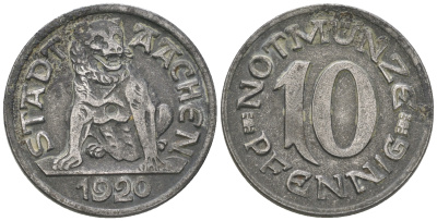 Германия, Ахен 10 пфеннигов 1920 нотгельд, земля Северный Рейн-Вестфалия Funck 1.1 железо 4385-622