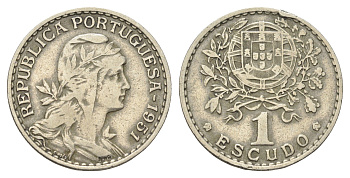 Португалия 1 эскудо 1951 голова Свободы вправо KM 578 никель латунь    4660-347