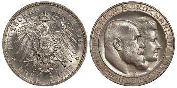 Вюртемберг 3 марки 1911 F, серебрянная свадьба Вильгельма II и Шарлотты Weege 173a, J. 177a, KM 636 серебро UNC 413-3743