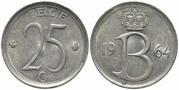 Бельгия 25 сантимов 1964 Belgie, Бодуэн I (1951-1993) KM 154.1 медно-никель 112-441