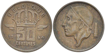 БЕЛЬГИЯ 50 САНТИМОВ 1964 BELGIQUE, БОДУЭН I (1951-1993) KM 148.1 бронза 214-452