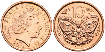 Новая Зеландия 10 центов 2014 маска Маори, Елизавета II (1952-) KM 117а сталь плакированная медью 68-1241