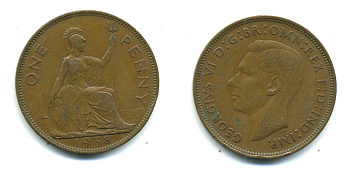 Великобритания 1 пенни 1938 Георг VI (1936-1952) KM 845, Spink 4114 бронза 540-635