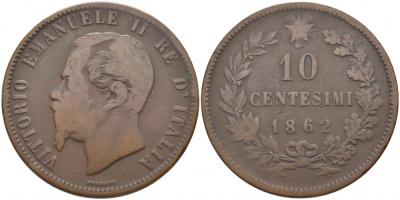 ИТАЛИЯ 10 ЧЕНТЕЗИМО 1862 KM 11.2 медь 114-634