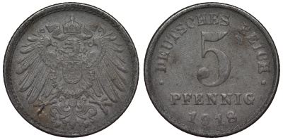 Германия 5 пфеннигов 1918 F KM 19, J. 297, Weege 5 железо 4118-1135