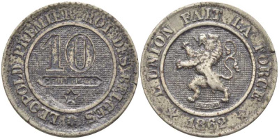 БЕЛЬГИЯ 10 САНТИМОВ 1862 BELGES, ЛЕОПОЛЬД III (1934-1950) KM 22 медно-никель 119-326