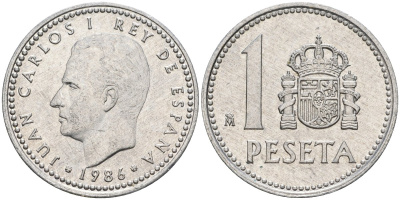 Испания 1 песета 1986 M, Хуан Карлос I (1975-2014) KM 821 алюминий 4402-247