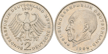ФРГ 2 марки 1987 J, Конрад Аденауэр KM 124, J. 406 медно-никель плакированный никелем    08-412