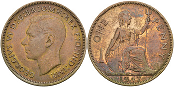Великобритания 1 пенни 1947 Георг VI (1936-1952) KM 845, Spink 4114 бронза 83-2026