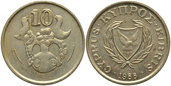 КИПР 10 ЦЕНТОВ 1988 ВАЗА С ПТИЧКАМИ KM 56.2 никель латунь 181-517