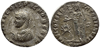 Римская Империя нуммий 317 Крисп цезарь IOVI CONSERVATORI CAESS Кизик Good Very fine (степень редкости R3) RIC 10 бронза, серебрение 270-211