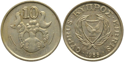 КИПР 10 ЦЕНТОВ 1988 ВАЗА С ПТИЧКАМИ KM 56.2 никель латунь 181-517