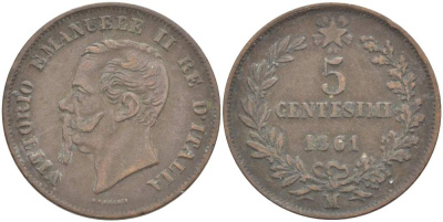ИТАЛИЯ 5 ЧЕНТЕЗИМО 1861 М, МОНДВОР МИЛАН, ВИКТОР ЭММАНУИЛ II (1861-1878) KM 3.2 медь 4182-1251
