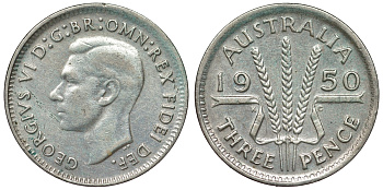 Австралия 3 пенса 1950 m, Георг VI (1937-1952), без букв KM 44 серебро 71-255