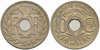 ФРАНЦИЯ 10 САНТИМОВ 1925 ТИП ЛИНДАЙЁ KM 866а, LE FRANC 138.12 медно-никель 108-151
