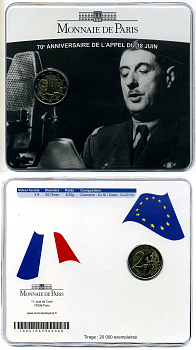 Франция 2 евро 2010 70 лет речи Шарля де Голля "Ко всем французам", буклет, пластик, запайка KM 1676 биметалл BUNC 3897-7-1