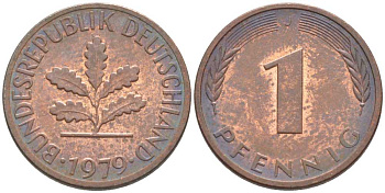 ФРГ 1 ПФЕННИГ 1979 J KM 105, J. 380 сталь плакированная медью 116-411