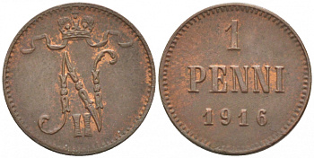 РОССИЯ ДЛЯ ФИНЛЯНДИИ 1 ПЕННИ 1916 НИКОЛАЙ II (1895-1917) KM 13, Биткин 476 медь 211-1042