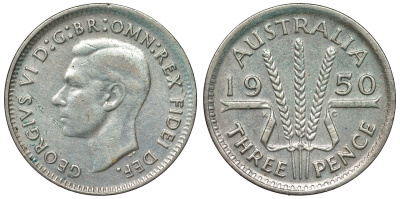 Австралия 3 пенса 1950 m, Георг VI (1937-1952), без букв KM 44 серебро 71-255
