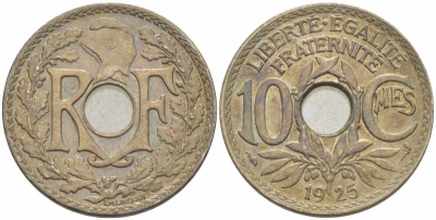 ФРАНЦИЯ 10 САНТИМОВ 1925 ТИП ЛИНДАЙЁ KM 866а, LE FRANC 138.12 медно-никель 108-151