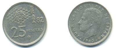 Испания 25 песет 1980 (81) чемпионат мира по футболу KM 818 медно-никель 89-651