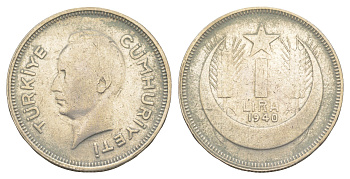 Турция 1 лира 1940 редкий год - тираж 253.000 экземпляров KM 869 серебро 443-132