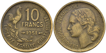 Франция 10 франков 1951 B, петух KM 915.2, Le Franc 363.5 алюминиевая бронза 4142-1242