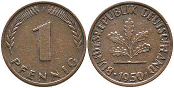 ФРГ 1 пфеннига 1950 J KM 105, J. 380 сталь плакированная медью 99-1253