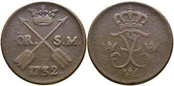Швеция 1 эре 1732 S.M. Фредерик I (1720-1751) KM 416.1 медь 221-235