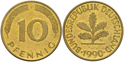 ФРГ 10 пфеннигов 1990 F KM 108, J. 383 сталь плакированная латунью 4171-1037