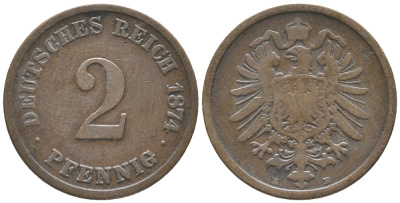ГЕРМАНИЯ 2 ПФЕННИГА 1874 Е, СТАРОГЕРБОВКА KM 2, J. 2 медь 100-914