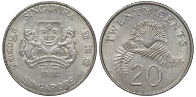 Сингапур 20 центов 1988 KM 52 медно-никель 4556-132