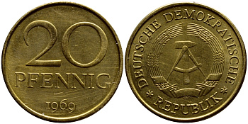 ГДР 20 пфеннигов 1969 А, первый год KM 11 латунь UNC 4395-1134