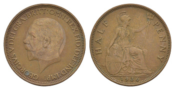 Великобритания 1/2 пенни 1936 Георг V (1910-1936) KM 837, Spink 4058 бронза 4656-223