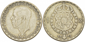 Швеция 1 крона 1947 TS, Густав V (1907-1950) KM 814 серебро 3718-622