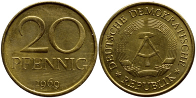 ГДР 20 пфеннигов 1969 А, первый год KM 11 латунь UNC 4395-1134