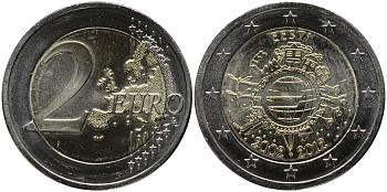 Эстония 2 евро 2012 10 лет монетарной политике и наличному евро KM 70 биметалл UNC 115-933