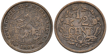 Нидерланды 1/2 цента 1928 Вильгельмина (1890-1948) KM 138 бронза 4576-465