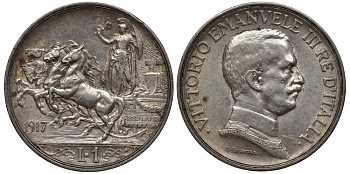 Италия 1 лира 1917 R, квадрига, Виктор Эммануил III (1900-1948) KM 57 серебро    4544-414