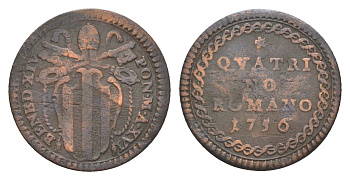 Папская область 1 кваттрино 1756 Бенедикт XIV (1740-1758) KM 1176 медь 633-224