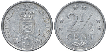 Нидерландские Антилы 2 1/2 цента 1982 Беатрикс (1980-2013) KM 9a алюминий 4610-825